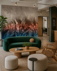 Pink and blue palm leaves wallpaper in a creative office lounge.