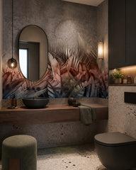 Pink and blue palm leaves wallpaper in an elegant powder room.