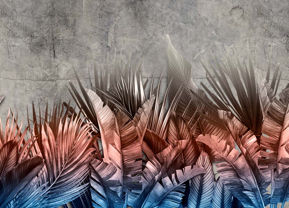Papier peint feuilles de palmier roses et bleues – Papier peint panoramique tropical moderne sur béton