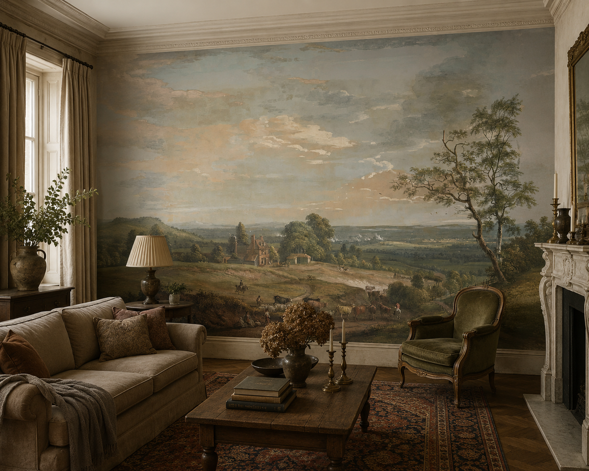 Classic pastoral landscape wall mural in a traditional living room with velvet armchair.