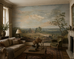 Classic pastoral landscape wall mural in a traditional living room with velvet armchair.