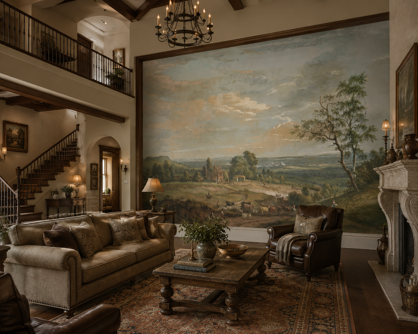Classic pastoral landscape wall mural in a grand living room with staircase and fireplace.