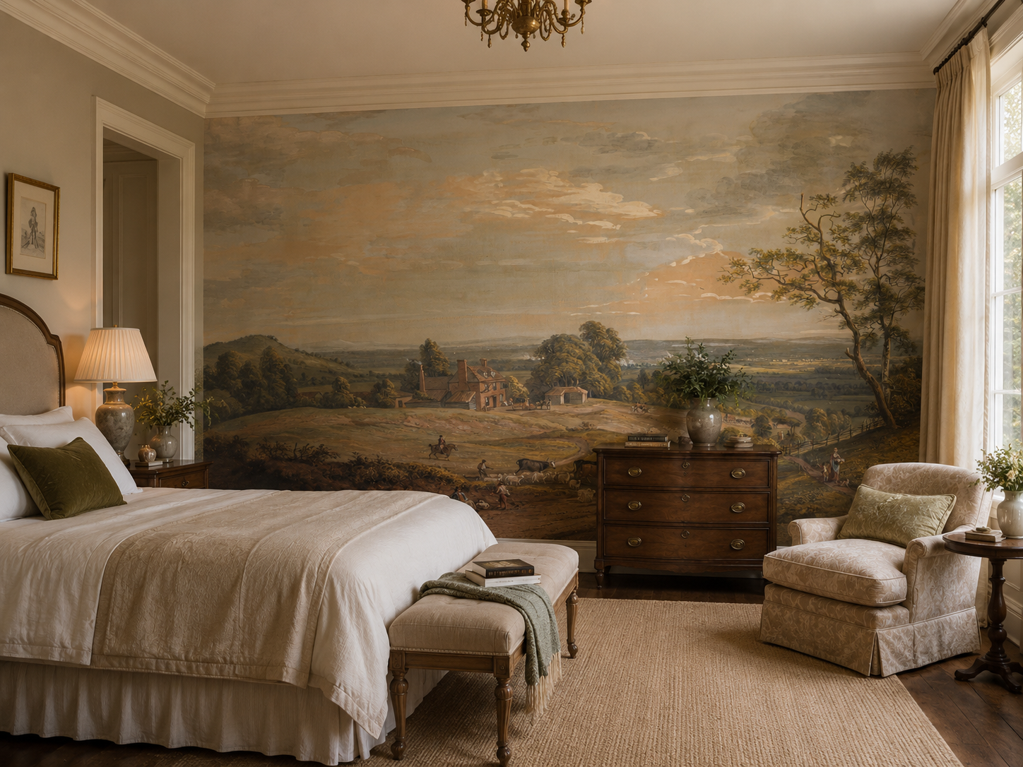 Classic pastoral landscape wall mural behind the bed in a classic bedroom.