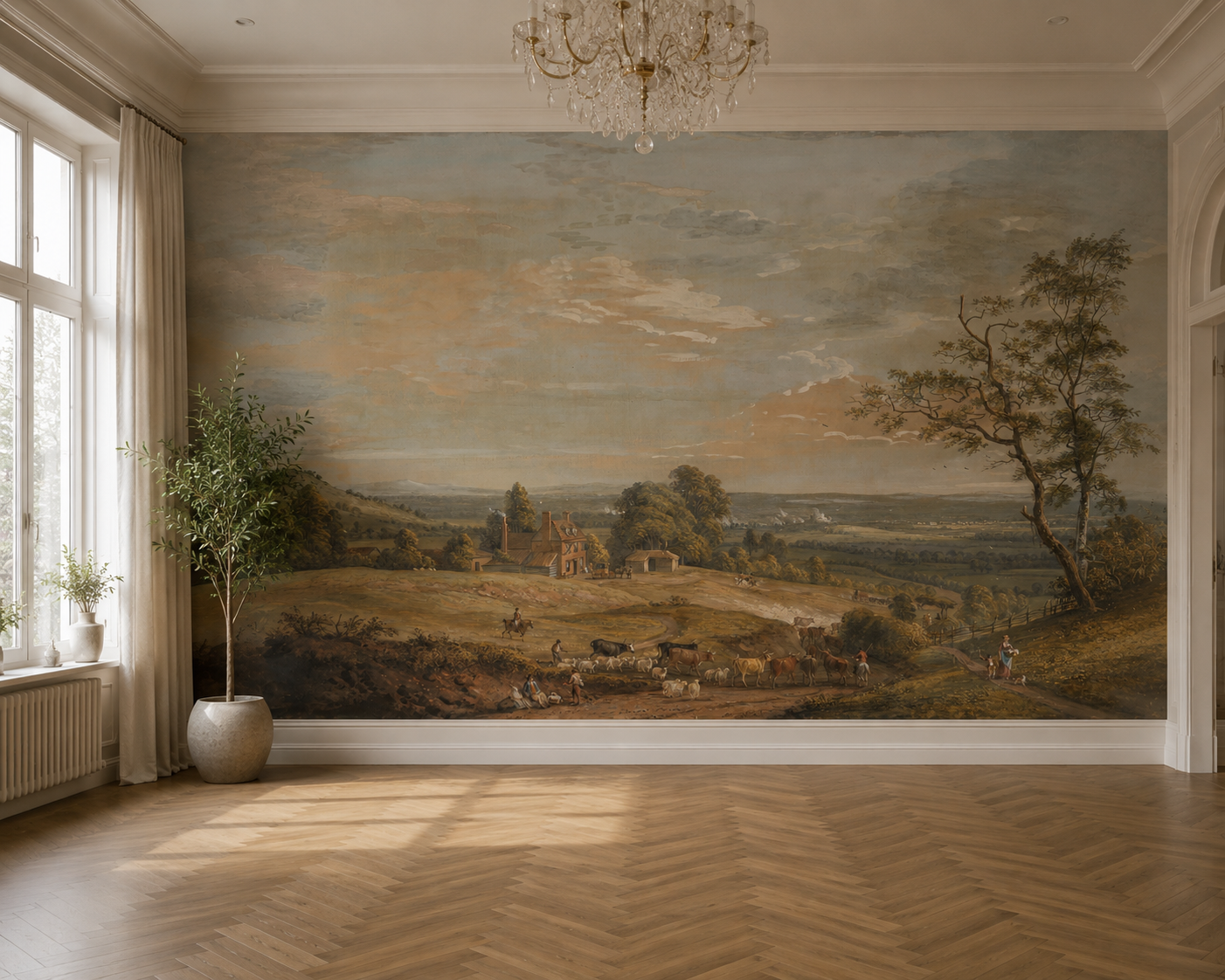 Classic pastoral landscape wall mural in oil painting style with wide sky, trees, village and grazing cattle in an empty room.