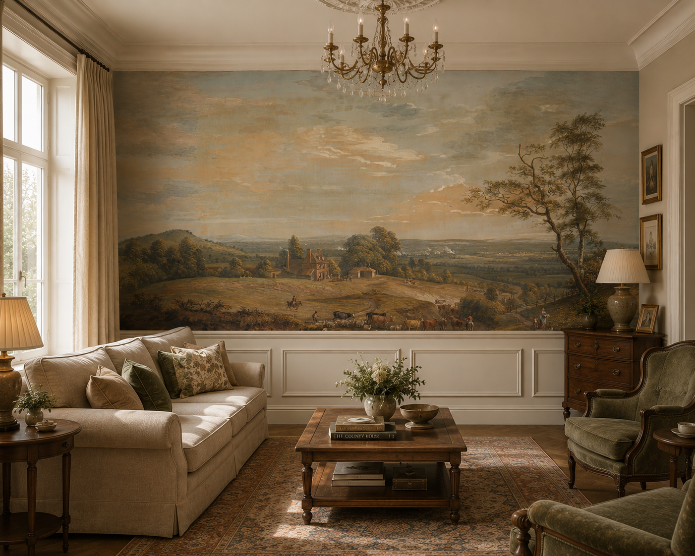 Classic pastoral landscape wall mural in an elegant living room with chandelier.