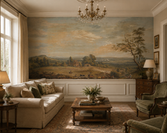 Classic pastoral landscape wall mural in an elegant living room with chandelier.