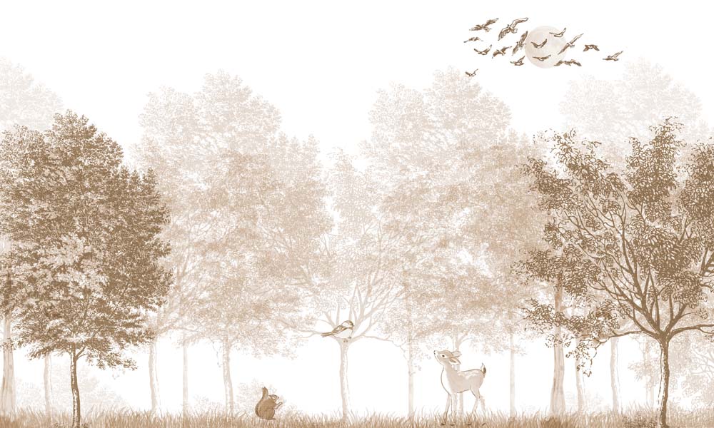 Papier peint forêt beige avec cerf – Panoramique arbres doux et oiseaux