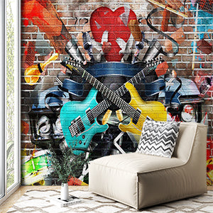 Vibrant Music Graffiti with Guitars, Microphones, and Instruments on Brick Wall Murals