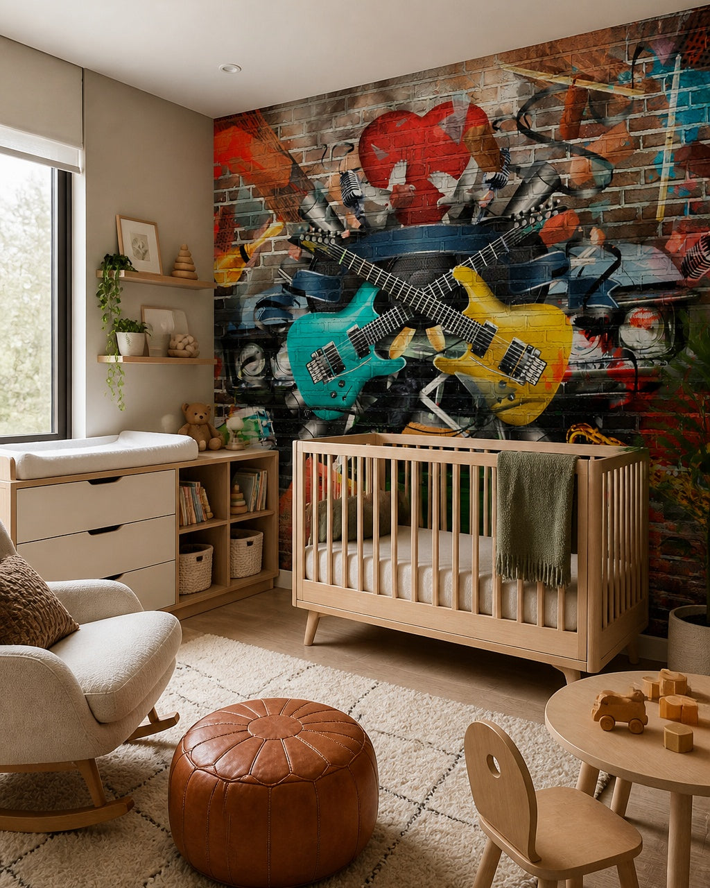Music graffiti wallpaper in a modern nursery with a crib.