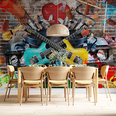 Vibrant Music Graffiti with Guitars, Microphones, and Instruments on Brick Wall Murals