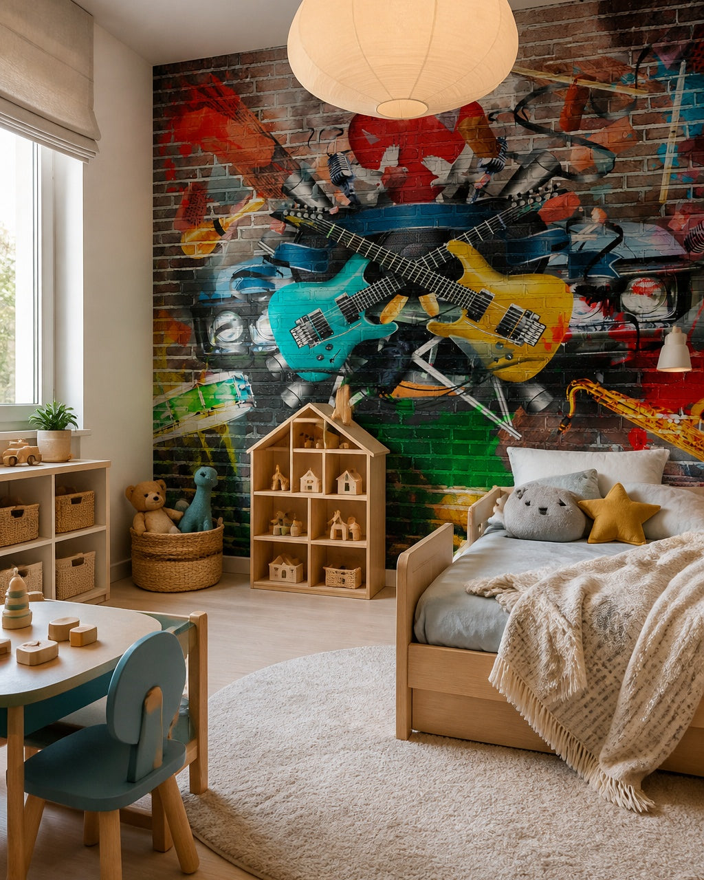 Music graffiti wallpaper in a toddler bedroom with a child-sized bed.