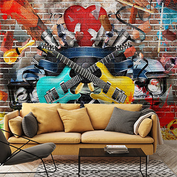 Vibrant Music Graffiti with Guitars, Microphones, and Instruments on Brick Wall Murals