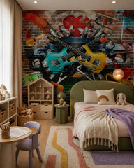 Music graffiti wallpaper in a girl’s bedroom.