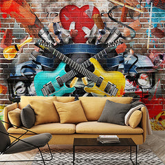 Custom Vibrant Music Graffiti with Guitars, Microphones, and Instruments on Brick Wall Murals