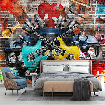 Żywe muzyczne graffiti z gitarami, mikrofonami i instrumentami na fototapetach z cegieł