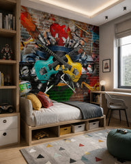 Music graffiti wallpaper in a boy’s bedroom.