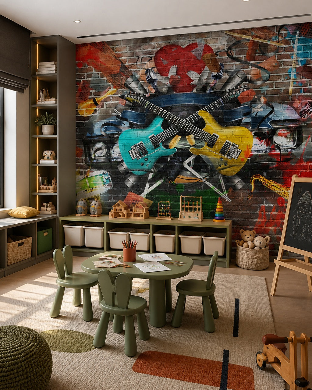 Music graffiti wallpaper in a children’s playroom.