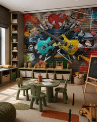 Music graffiti wallpaper in a children’s playroom.