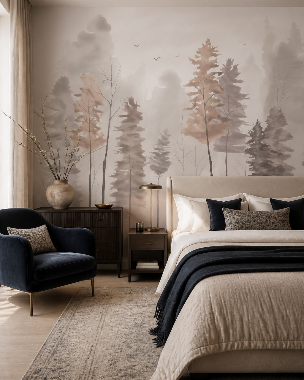 Watercolor misty forest wallpaper in a designer bedroom.