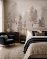 Watercolor misty forest wallpaper in a designer bedroom.