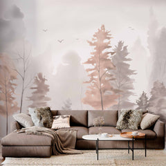 Custom Watercolor Forest Landscape Painting Mural Beige Nature Wallpaper