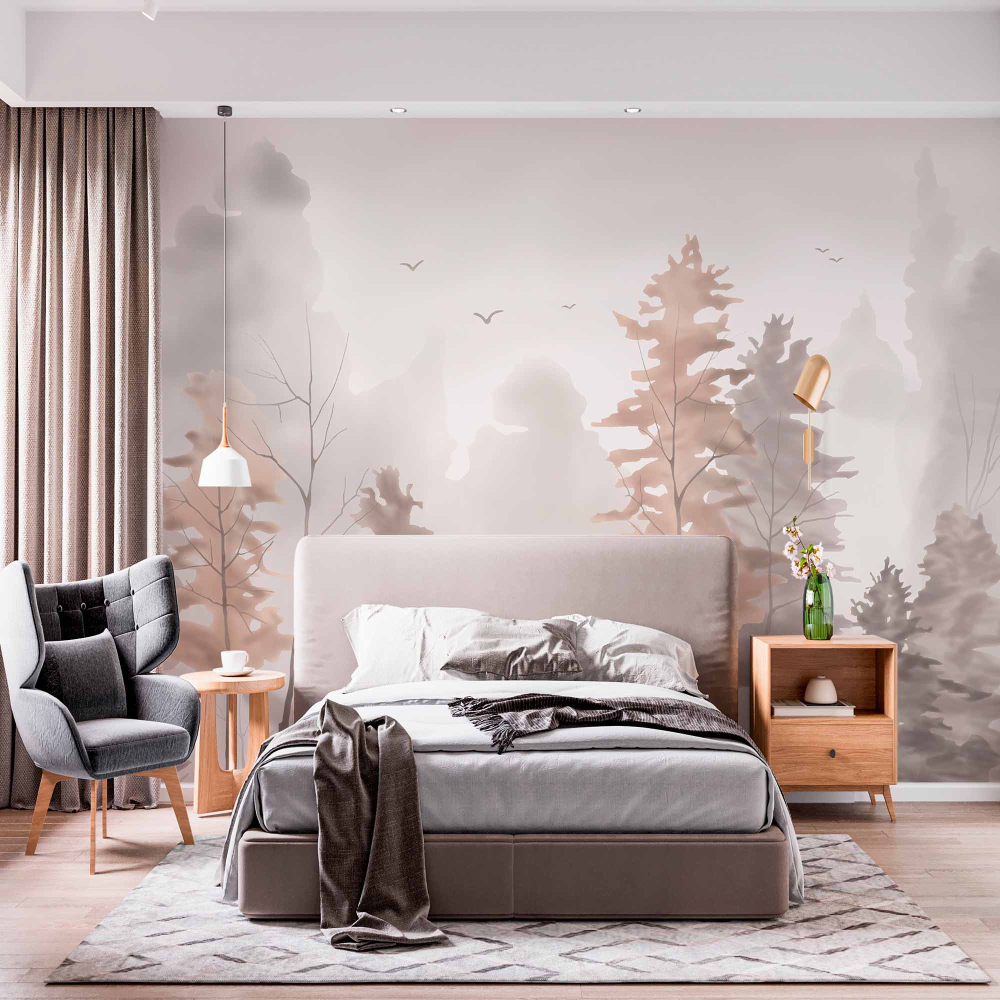 Watercolor Forest Landscape Painting Mural Beige Nature Wallpaper