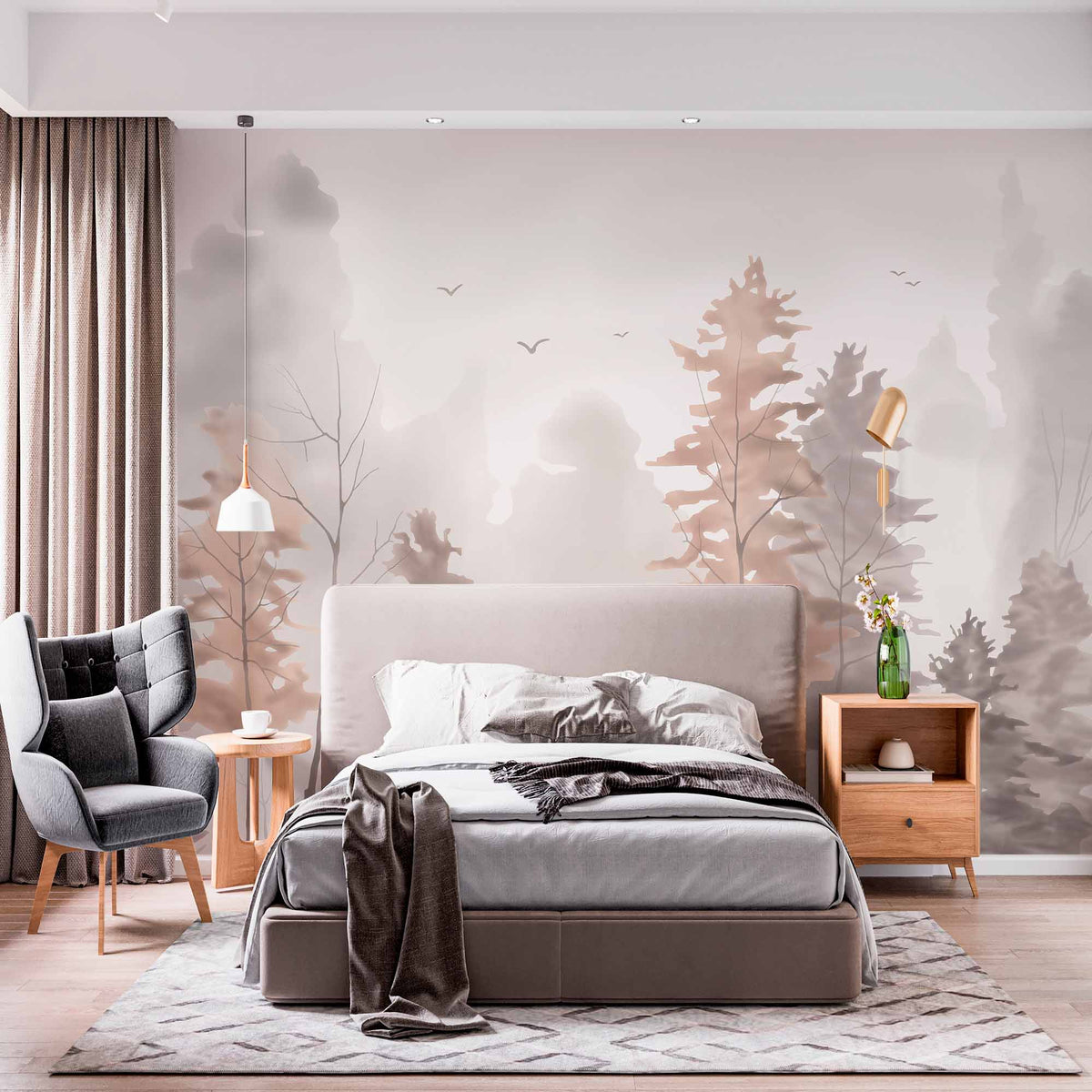 Custom Watercolor Forest Landscape Painting Mural Beige Nature Wallpaper