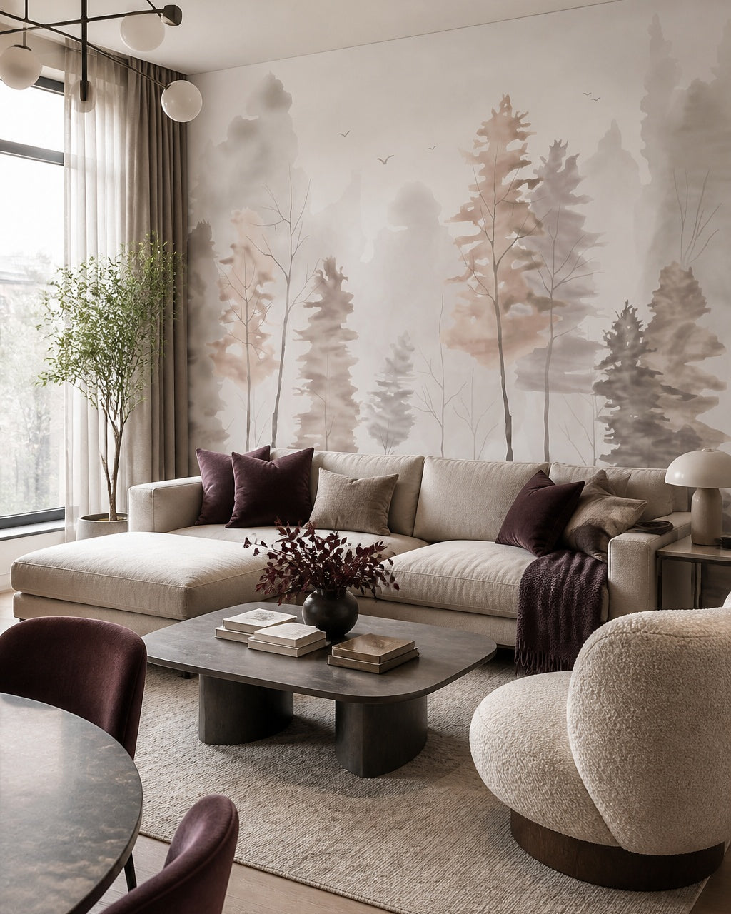 Watercolor misty forest wallpaper in a designer living room.