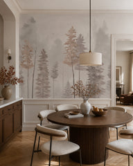 Watercolor misty forest wallpaper in a refined dining area.