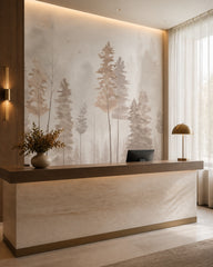 Watercolor misty forest wallpaper at a hotel reception desk.