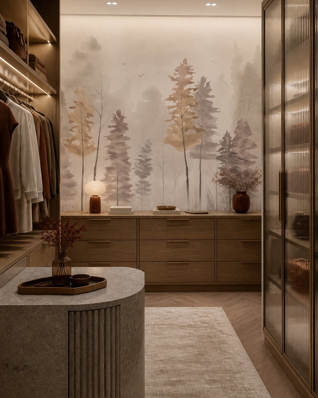 Watercolor misty forest wallpaper in a walk-in wardrobe.