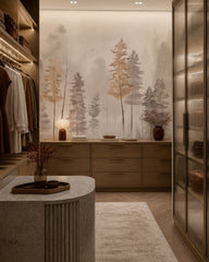 Watercolor misty forest wallpaper in a walk-in wardrobe.