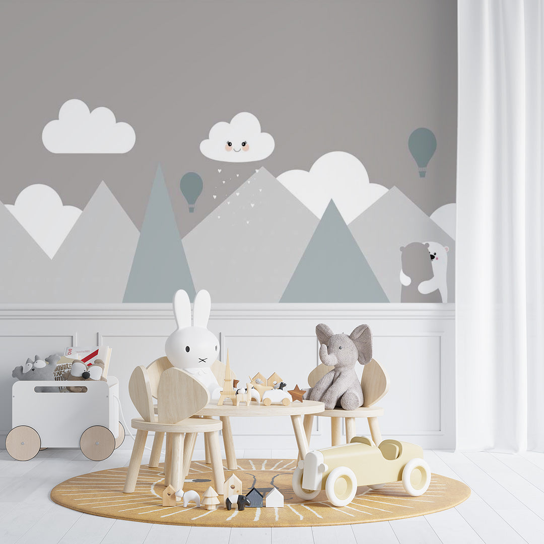 Kids Wall Murals Grey Mountains Cute Clouds Wallpaper for Kids