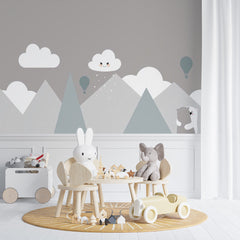 Custom Kids Wall Murals Grey Mountains Cute Clouds Wallpaper for Kids