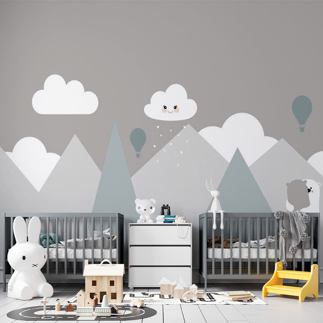 Kids Wall Murals Grey Mountains Cute Clouds Wallpaper for Kids