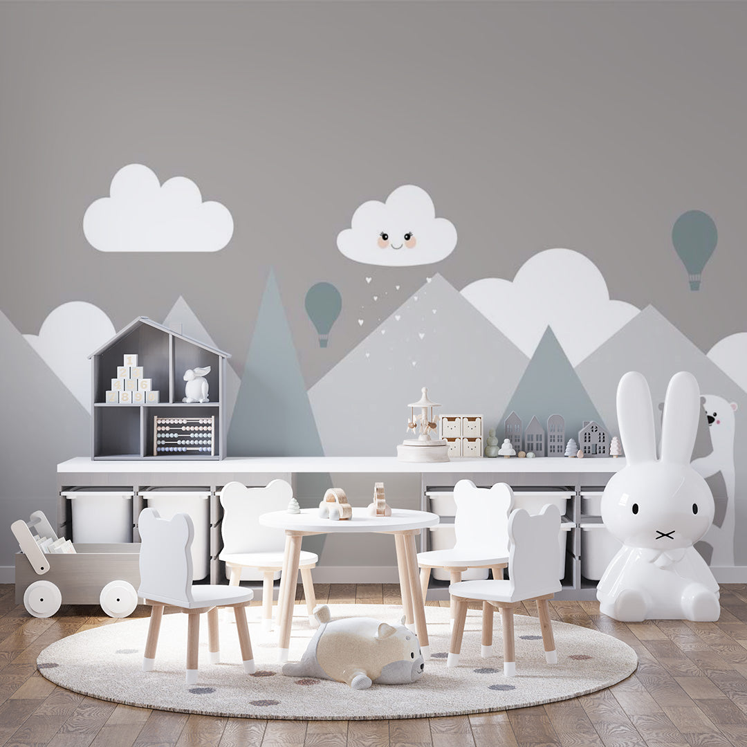 Kids Wall Murals Grey Mountains Cute Clouds Wallpaper for Kids