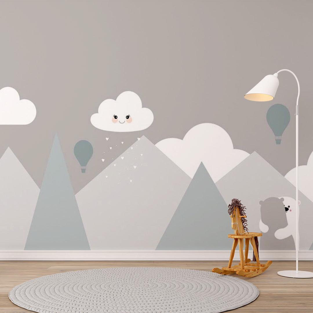 Kids Wall Murals Grey Mountains Cute Clouds Wallpaper for Kids