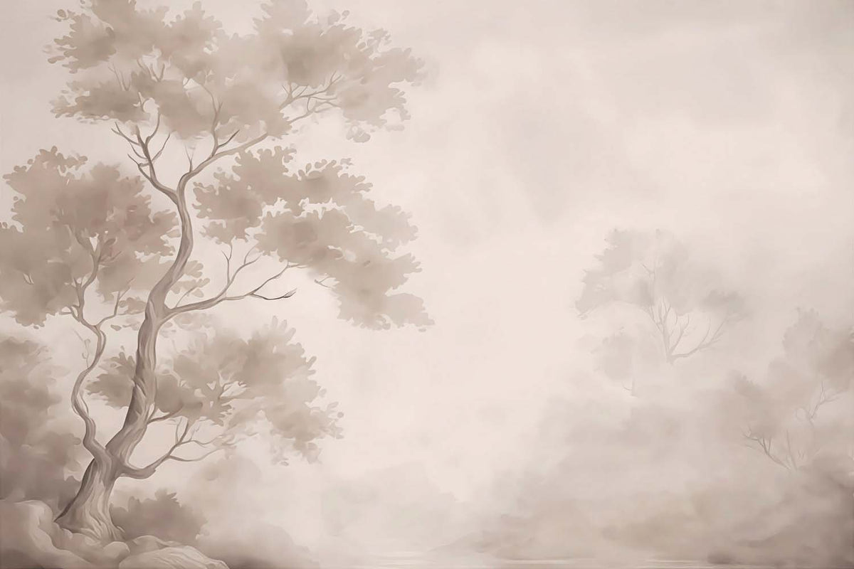 Árvore suave enevoada – papel de parede chinoiserie com ramos bege