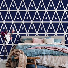 Custom Navy Blue and White Geometric Triangle Pattern Wallpaper