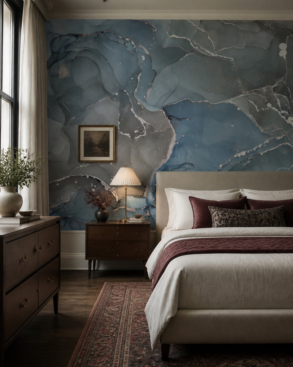 Blue silver marble wallpaper in a designer bedroom.