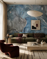 Blue silver marble wallpaper in a designer living room.