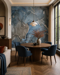 Blue silver marble wallpaper in a refined dining area.
