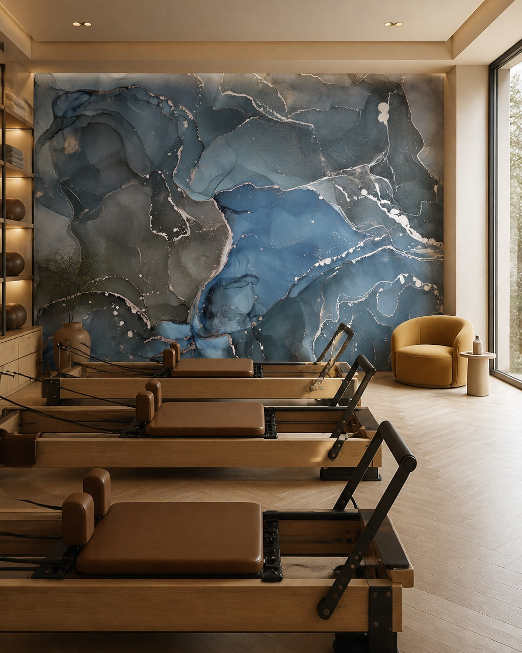 Blue silver marble wallpaper in a fitness studio.