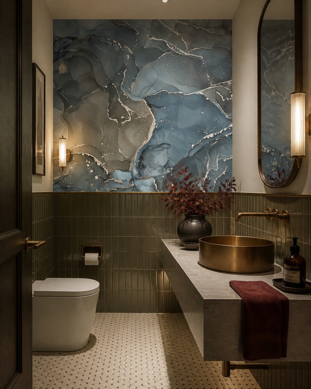 Blue silver marble wallpaper in an elegant powder room.