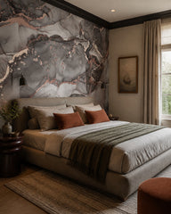 Grey gold marble wallpaper in a designer bedroom.