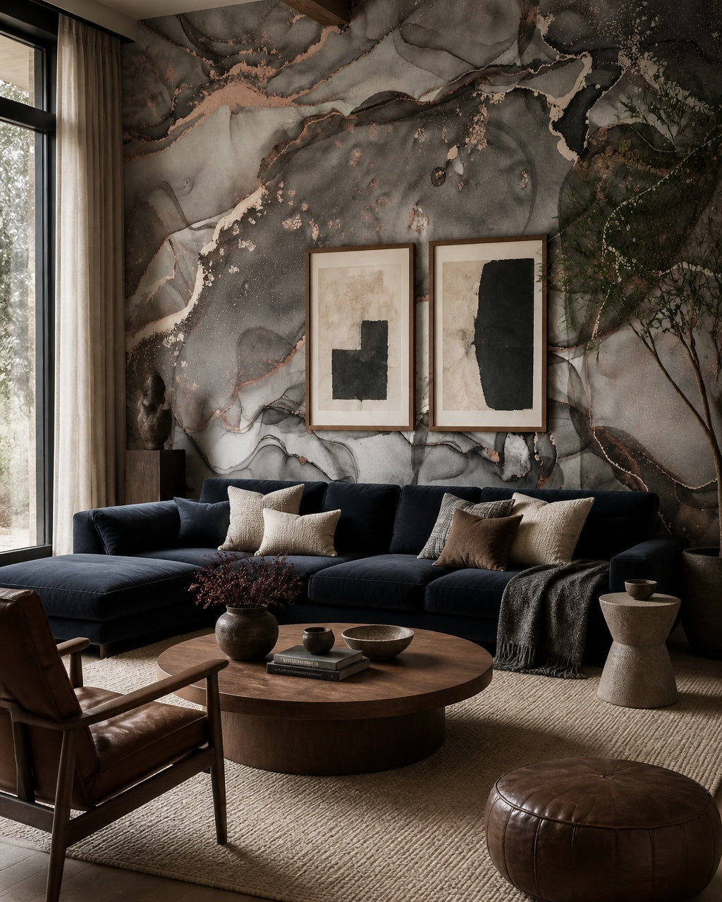 Grey gold marble wallpaper in a designer living room.