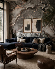 Grey gold marble wallpaper in a designer living room.