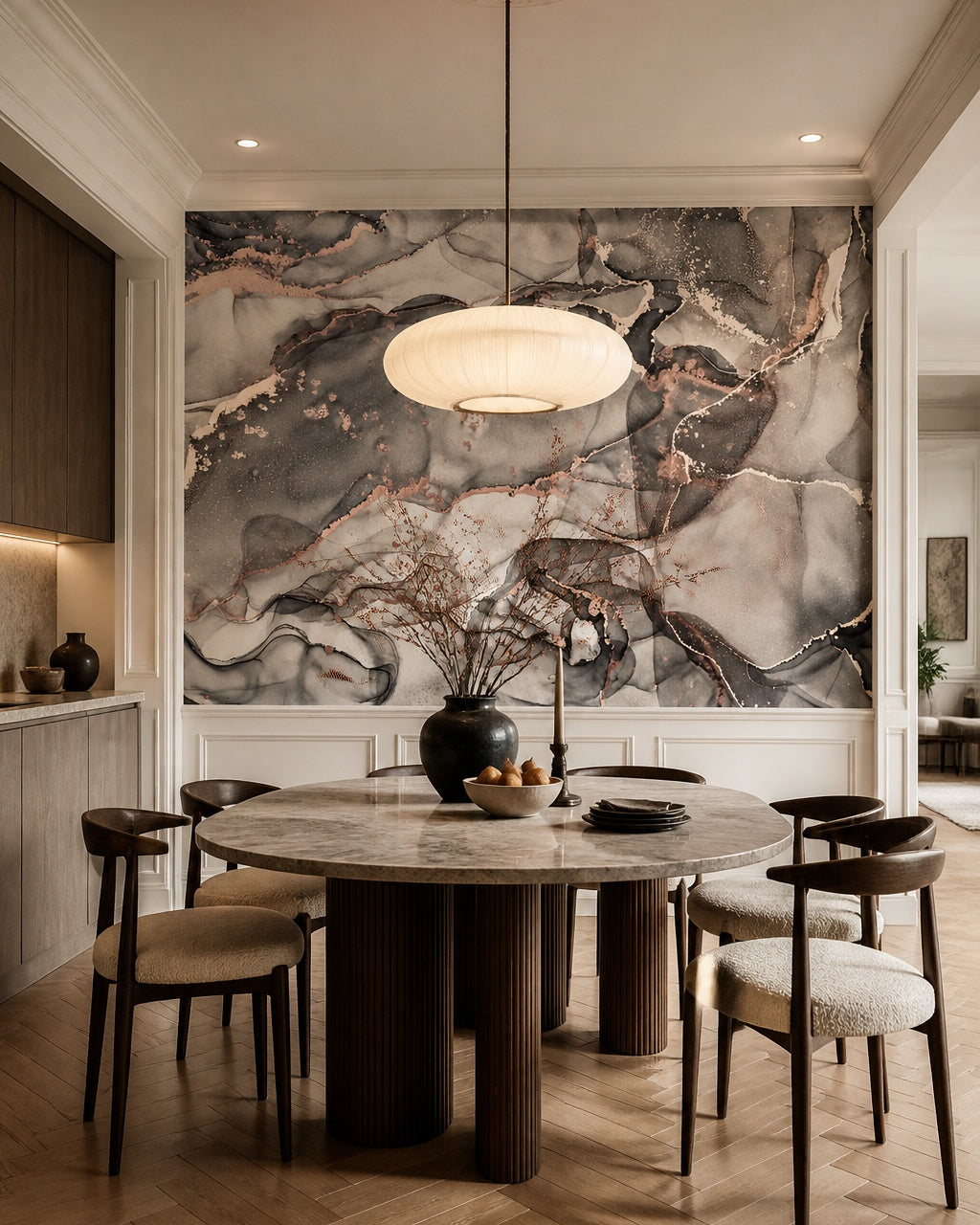 Grey gold marble wallpaper in a refined dining area.