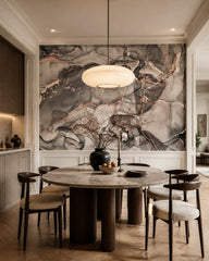 Grey gold marble wallpaper in a refined dining area.