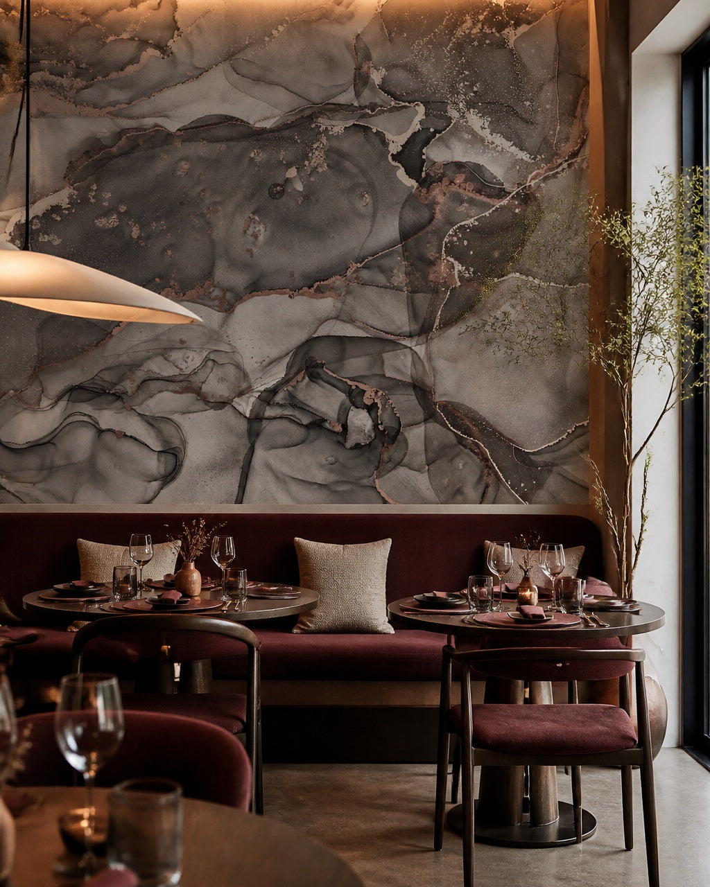 Grey gold marble wallpaper in a restaurant.